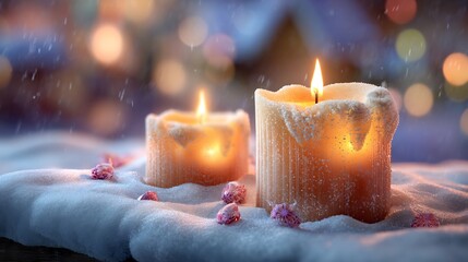 Christmas candles glowing winter snow with warm light peaceful holiday atmosphere soft bokeh background elegant seasonal concept