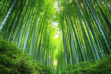 Fototapeta premium Sunlit towering bamboo forest with dense green stalks and lush undergrowth forming a peaceful, serene vertical corridor of nature