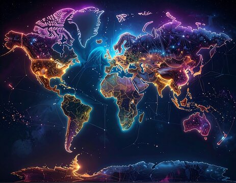 Illuminated world map highlighting global connections and continents - Powered by Adobe