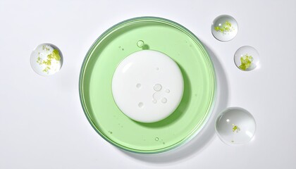 Scientific laboratory research with petri dish containing green liquid and white sample