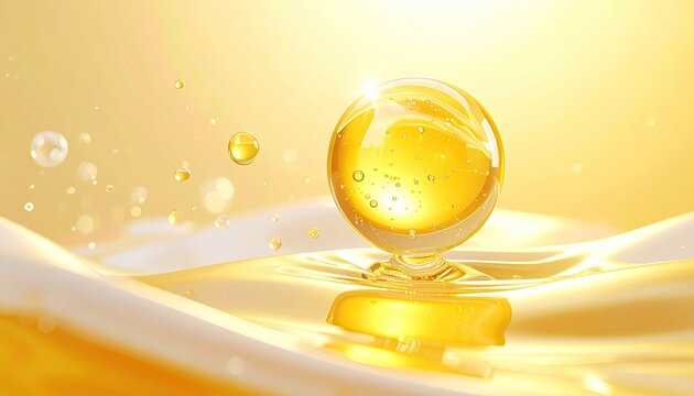 Golden serum drop with bubbles floating over wavy yellow and white background - Powered by Adobe