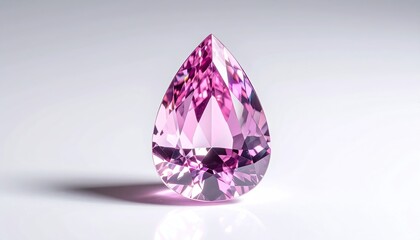Elegant teardrop shaped pink gemstone isolated on a white background surface