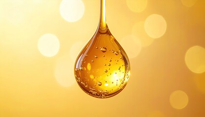 A Golden Honey Droplet Falling Against a Blurred Bokeh Background