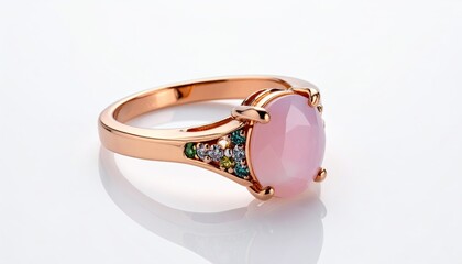 Rose gold ring featuring a pink quartz stone on white background