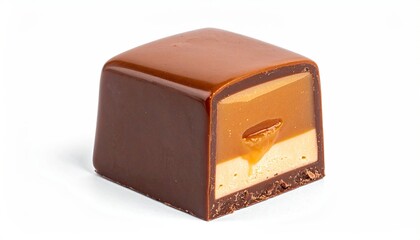 Gourmet milk chocolate square with caramel and cream filling on white background