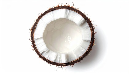 Fresh cracked coconut fruit showing white meat on a plain white background