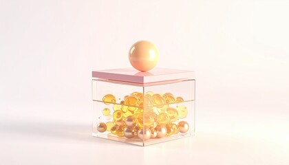 Elegant Glass Box Filled With Golden Spheres And Pink Pearls On White Background
