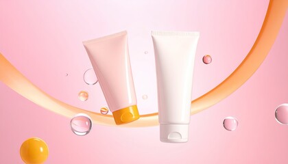 Skin care tubes displayed on a soft pink background with water bubbles