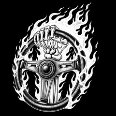 Skeleton Hand Gripping Flaming Steering Wheel.