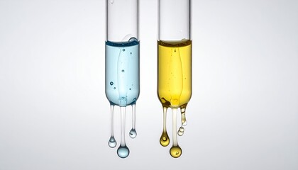 Two Laboratory Glass Test Tubes With Blue And Yellow Liquid Drops