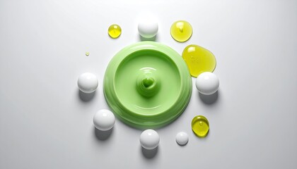 Composition Of Green Cosmetic Container With White Spheres And Yellow Serum Drops