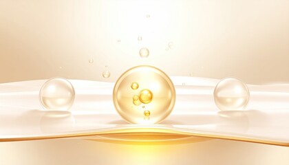 Abstract Golden Serum Bubbles Floating On Creamy Liquid Surface Background