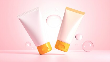 Two cosmetic cream tubes floating with bubbles on a soft pink background