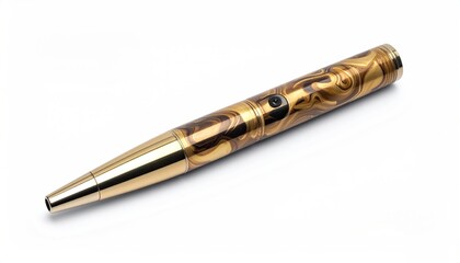 Luxurious gold and brown marbled rollerball pen on a plain white surface