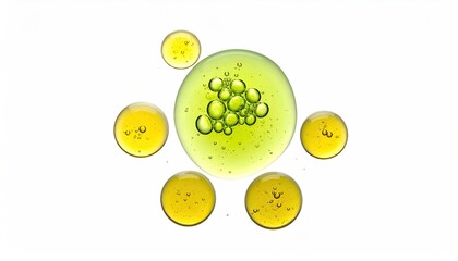 Macro View Of Green And Yellow Oil Droplets On White Background