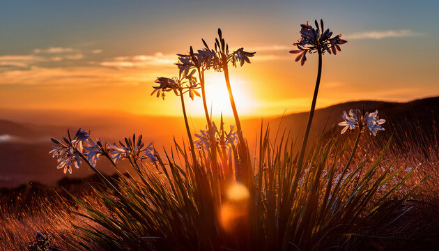 Jesse S Ipheion Flowers Silhouetted Against A Beautiful Sunset Background
