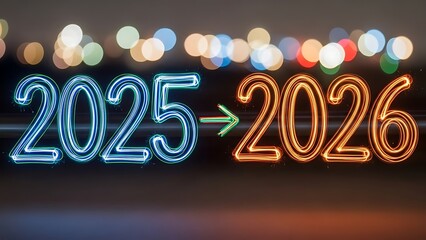 New Year 2026 neon sign transition from 2025.