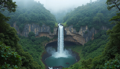 Majestic waterfall cascading into a lush green gorge surrounded by misty mountains, showcasing the beauty of nature and tranquility with copy space
