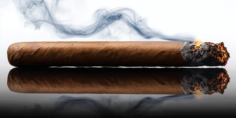 lit cigar with glowing ember and ash tip, curling smoke plume and mirror-like reflection on a glossy surface conveying a calm smoky atmosphere