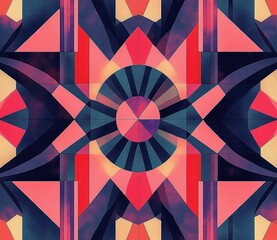 symmetrical geometric kaleidoscope with concentric circle and radial stripes, angular triangles and star-like motifs in bold coral, pink, navy and teal gradient, vibrant and mesmerizing