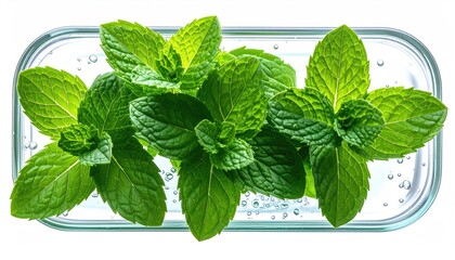 Fresh green mint leaves in water with bubbles on white background