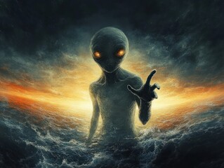 slender extraterrestrial figure with glowing orange eyes emerging from turbulent ocean at sunset, reaching out with an eerie, ominous presence amid stormy clouds and mist