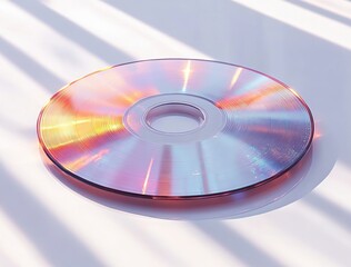 Compact disc reflecting rainbow colors under soft natural light with shadow patterns on white surface