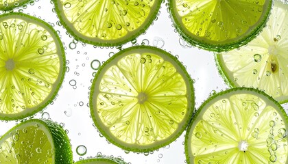 Fresh green lime slices submerged in sparkling water with many air bubbles