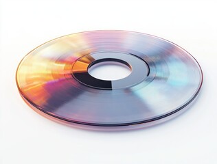 Close-up of a compact disc reflecting vibrant colors on a white background with smooth circular grooves and glossy surface