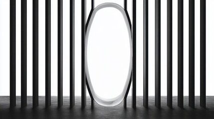 Minimalist monochrome interior of tall black vertical bars and a glowing oval doorway on a textured dark floor, evoking a calm, futuristic and mysterious mood