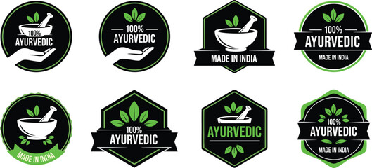 Ayurvedic organic product badges collection with green leaves mortar pestle symbols for natural herbal medicine branding packaging labels