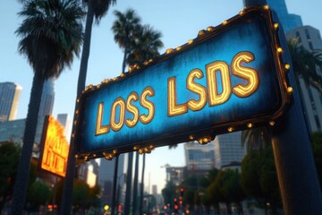 Illuminated blue street sign with the words 'LOSS LSDS' glowing in warm yellow lights, set against an urban backdrop featuring palm trees, tall buildings, and a clear sky at dusk