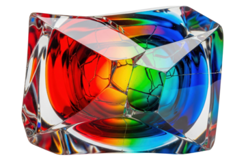Faceted glass crystal block with colorful internal light refraction on a transparent background