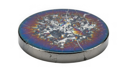 Cracked colorful metal disc with rainbow hues and silver rim