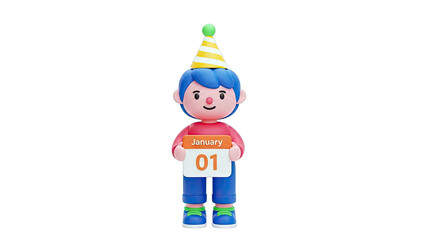 3D Boy with Party Hat Holding January 1st Calendar
