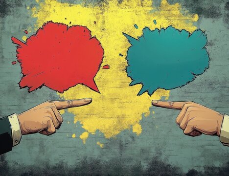 two suited hands pointing at each other beneath red and teal speech bubbles over a yellow paint splatter, comic style confrontation and accusatory tension