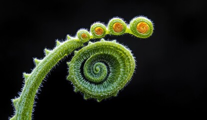 Close-up of a curled green fern frond with fuzzy hairs and multiple small coiled buds on a black background, evoking delicate wonder