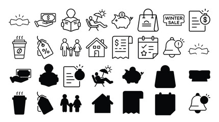 Collection of various black and white icons on a white background