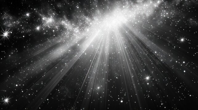 Bright white cosmic light beams radiate downward through a dense star field in deep space, evoking a sense of wonder and vastness
