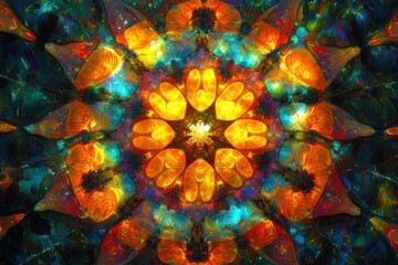 vibrant symmetrical pattern with glowing orange, blue, and yellow shapes resembling stained glass or kaleidoscopic floral design emitting radiant light