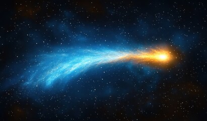 Bright orange comet with glowing blue tail streaking across star-filled dark space