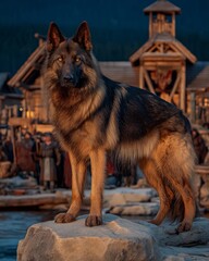 Regal Dog Overlooks Medieval Village