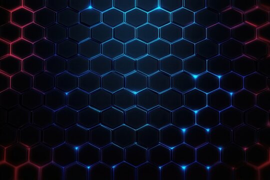 Dark hexagonal grid pattern with glowing blue and red edges creating a futuristic and technological atmosphere - Powered by Adobe