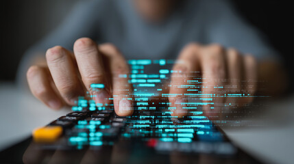 A focused individual's hands fly across a keyboard, bringing a vibrant stream of code to life. Immerse yourself in the digital landscape, where the merging of technology and human effort unfolds.