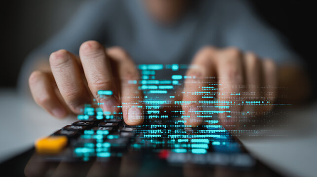 A focused individual's hands fly across a keyboard, bringing a vibrant stream of code to life. Immerse yourself in the digital landscape, where the merging of technology and human effort unfolds. - Powered by Adobe