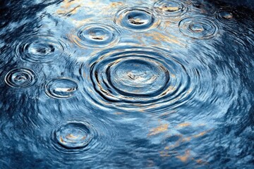 blue water surface with concentric raindrop ripples and golden reflections, calm contemplative mood