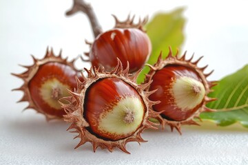 Three glossy chestnuts nestled in spiky brown burrs with green leaves on a soft white surface, evoking autumn warmth and rustic natural charm
