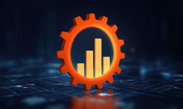 glowing orange gear surrounding an illuminated bar chart on a reflective digital circuit surface conveying innovation and optimistic growth - Powered by Adobe