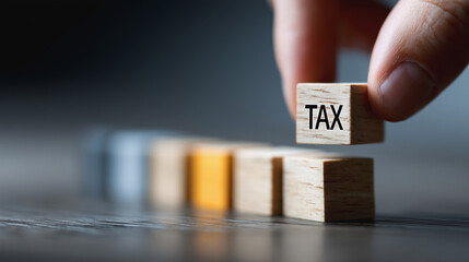 A hand places a wooden block with the word TAX, symbolizing the act of paying taxes or the complexities of fiscal responsibility. A macro shot highlights the individual's precision.