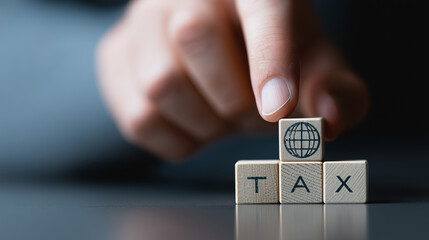 A hand places a world cube on the tax blocks, representing global taxation and financial administration.